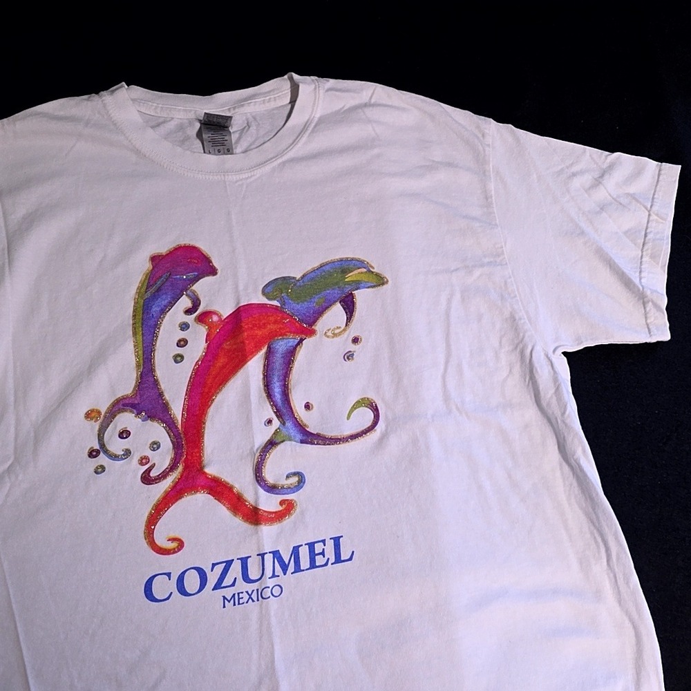 Gildan T-Shirt Women Large White Cozumel Mexico Glitter Dolphin Graphic Tee